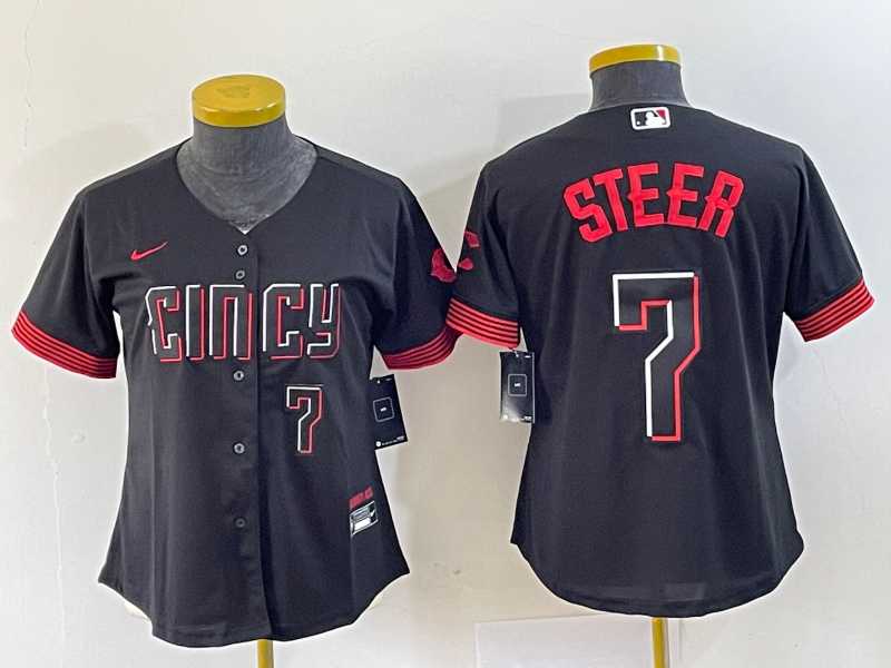 Womens Cincinnati Reds #7 Spencer Steer Numer Black 2023 City Connect Cool Base Stitched Baseball Jersey2->mlb womens jerseys->MLB Jersey